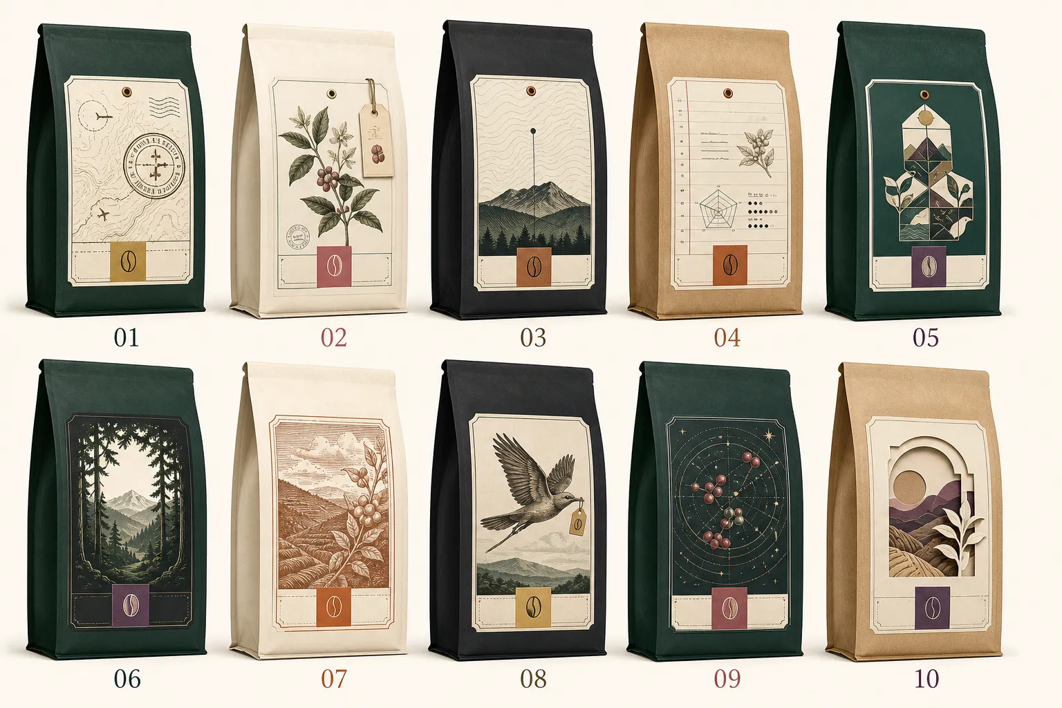 Konzepttafel mit zehn Etikettenentwürfen auf Kaffeetüten in Grün, Creme, Schwarz und Kraftpapier, nummeriert von 01 bis 10, unter anderem mit Landkarte und Stempel, Kaffeezweig, Berglandschaft, Vogel und Sternkarte.