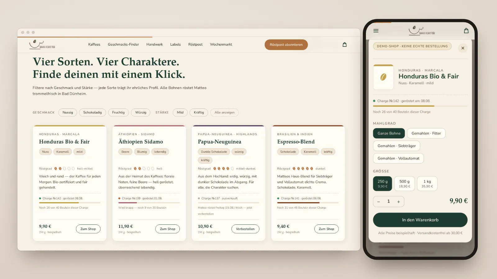 Demo-Shop am Desktop und auf dem Smartphone: links vier Sortenkacheln (Honduras, Äthiopien Sidamo, Papua-Neuguinea, Espresso-Blend) mit Geschmacksfiltern und Preisen je 250 g, jeweils als beispielhaft markiert; rechts das Produktfenster auf dem Handy mit dem Hinweis „Demo-Shop · keine echte Bestellung“, Auswahl von Mahlgrad und Packungsgröße und dem Knopf „In den Warenkorb“.