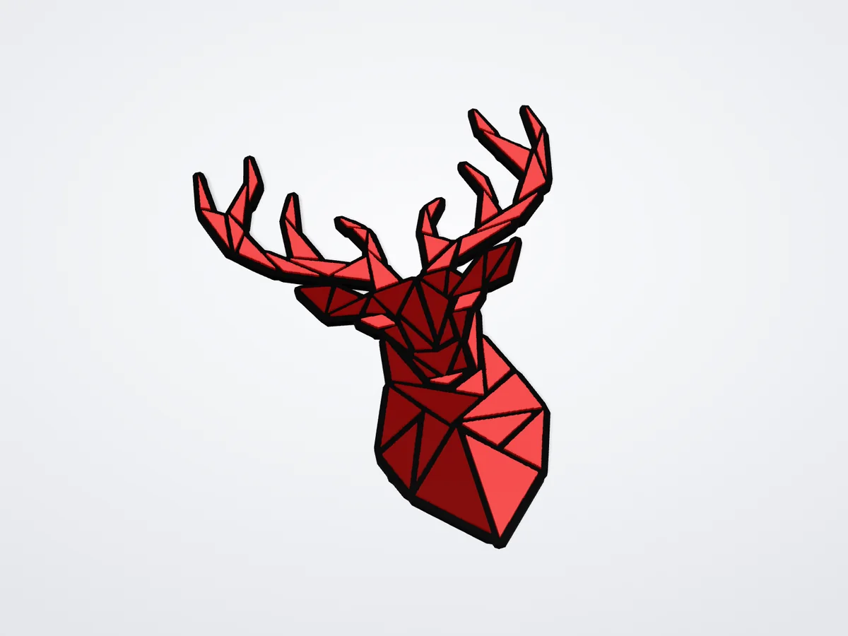 Rendering der Hirschfigur: ein Hirschkopf aus Dreiecken in Rot und Dunkelrot, mit schwarzen Kanten, flach liegend.
