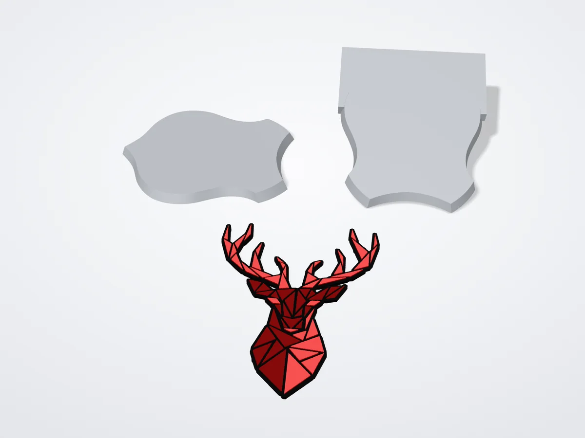 Rendering von drei Druckteilen nebeneinander: hinten eine graue Schildplatte und ein grauer Standfuß, vorn die rote Hirschfigur.