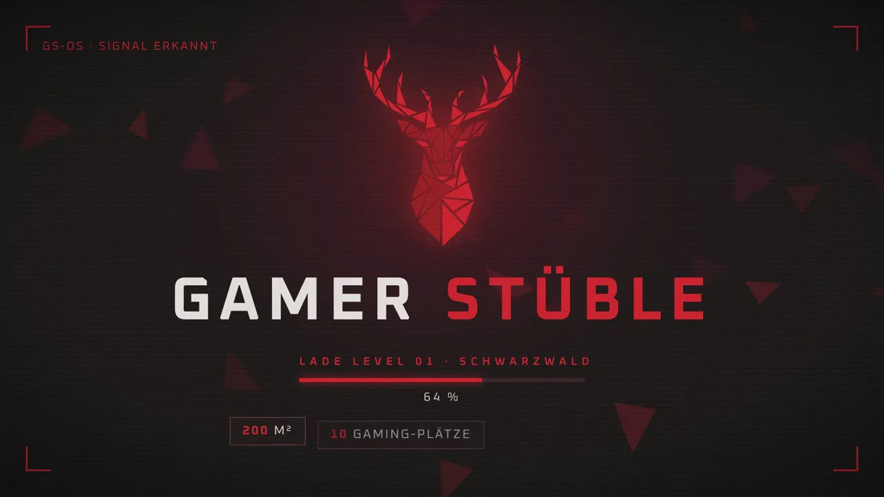 Standbild aus dem Spot: ein roter Hirschkopf aus Dreiecken über dem Schriftzug „Gamer Stüble“.