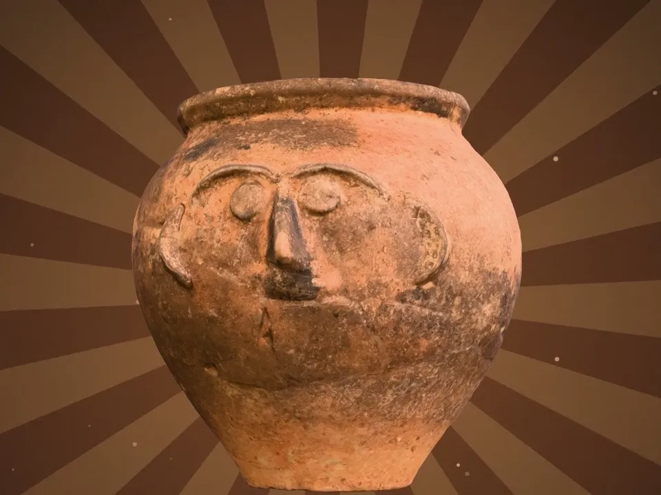3D-Scan des römischen Gesichtsgefäßes im Fundzustand, frei drehbar.