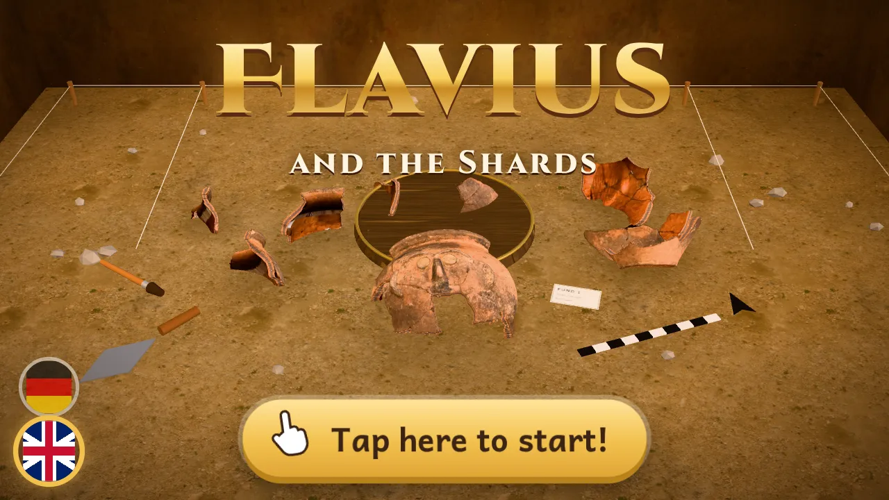 Start screen of “Flavius and the Shards”: shards of the face vessel lie in the sand of an excavation trench.