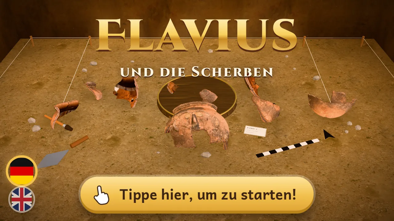 Startbildschirm von „Flavius und die Scherben“: Scherben des Gesichtsgefäßes liegen im Sand eines Grabungsschnitts.